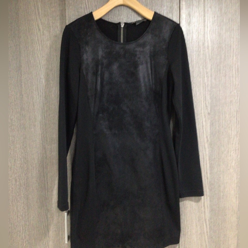 Long Sleeve Black Suede-Front Sheath Dress